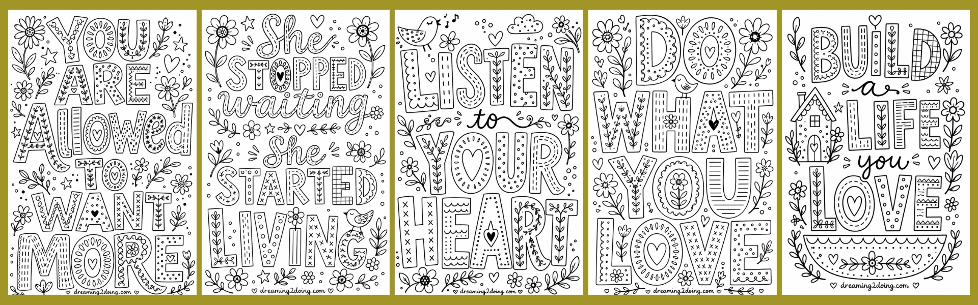 Five free motivational coloring pages for adults — dream life collection from dreaming2doing