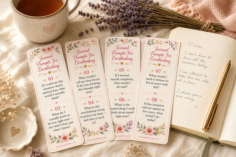 Free journal prompts for overthinking — 8 printable prompt strips from dreaming2doing
